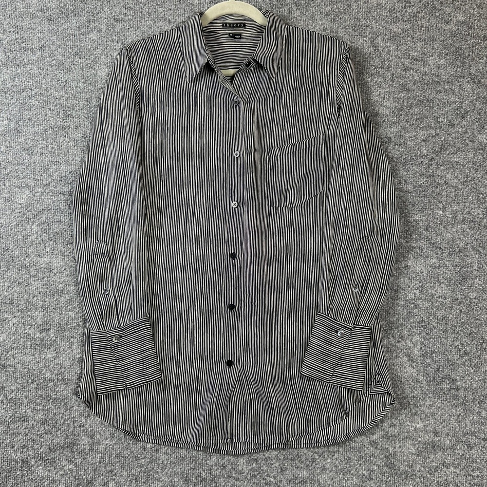 Theory Womens 100% Silk Pinstripe Long Button Down Shirt Black White Size M - Picture 2 of 10